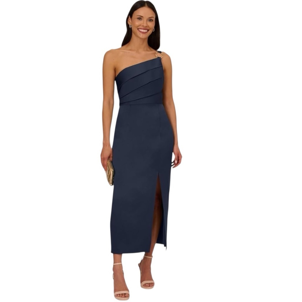 NWT ADRIANNA PAPELL Dark Navy One Shoulder Pleated Bodice Lined Dress Size 10 - Picture 2 of 6